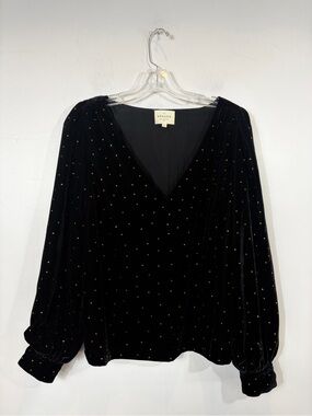 Sézane Black Velvet Gold Polka Dot V-Neck Blouse Size M